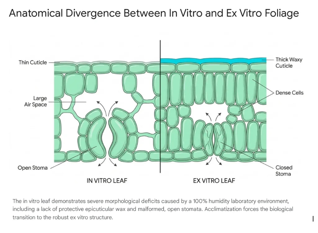 Anatomical Divergence Between In Vitro and Ex Vitro Foliage Chart showing leaf cuticle, cell density, and stomatal differences