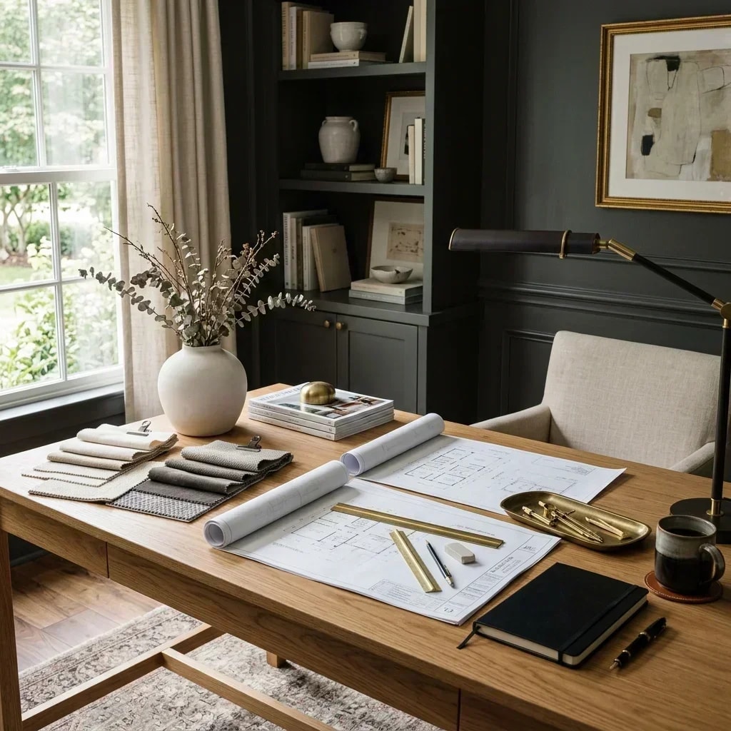 Elegant transitional design workspace containing design swatches, classic drafting instruments, and blueprints on a clean oak desk
