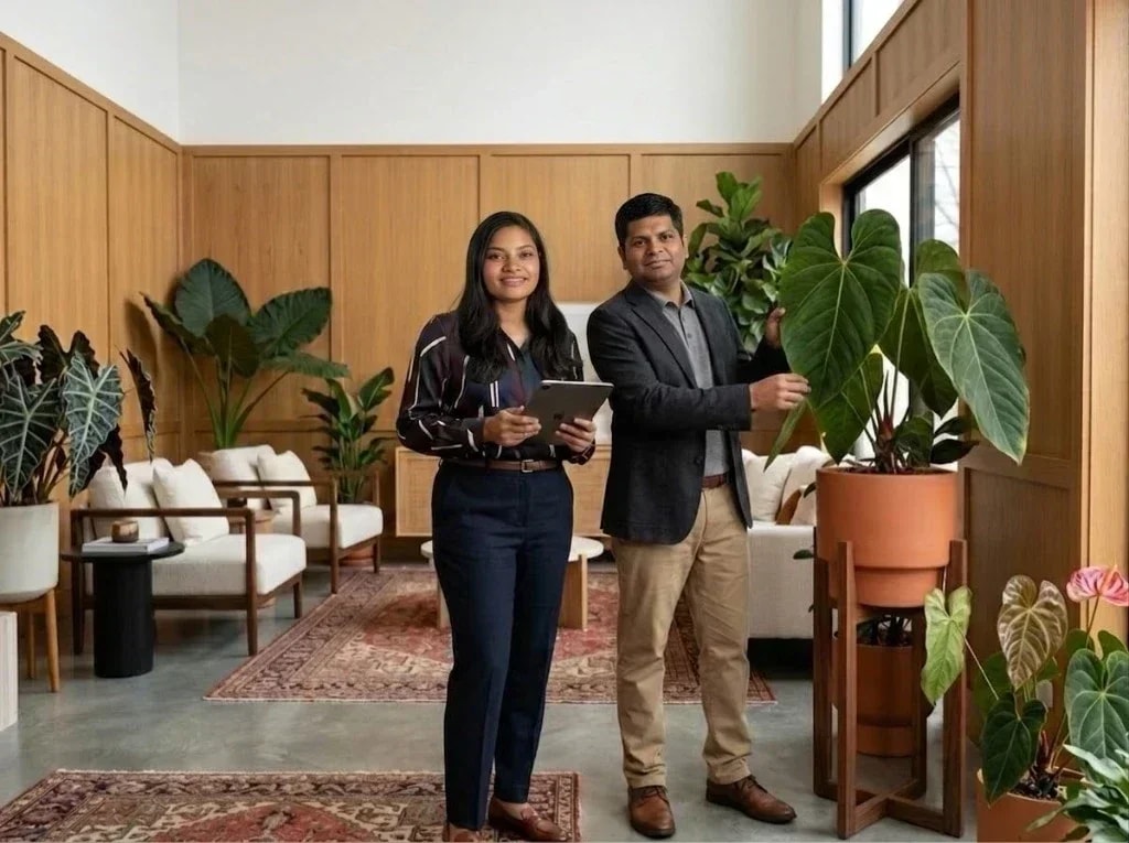 Co-founders Anusha and Apurva collaborating in their creative Scarsdale design studio over transitional blueprints