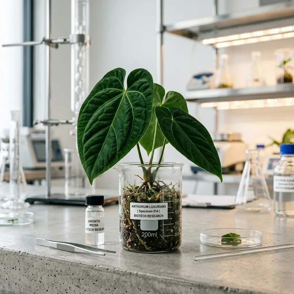 A velvety green rare Anthurium specimen growing inside a sterile glass laboratory beaker on a concrete counter