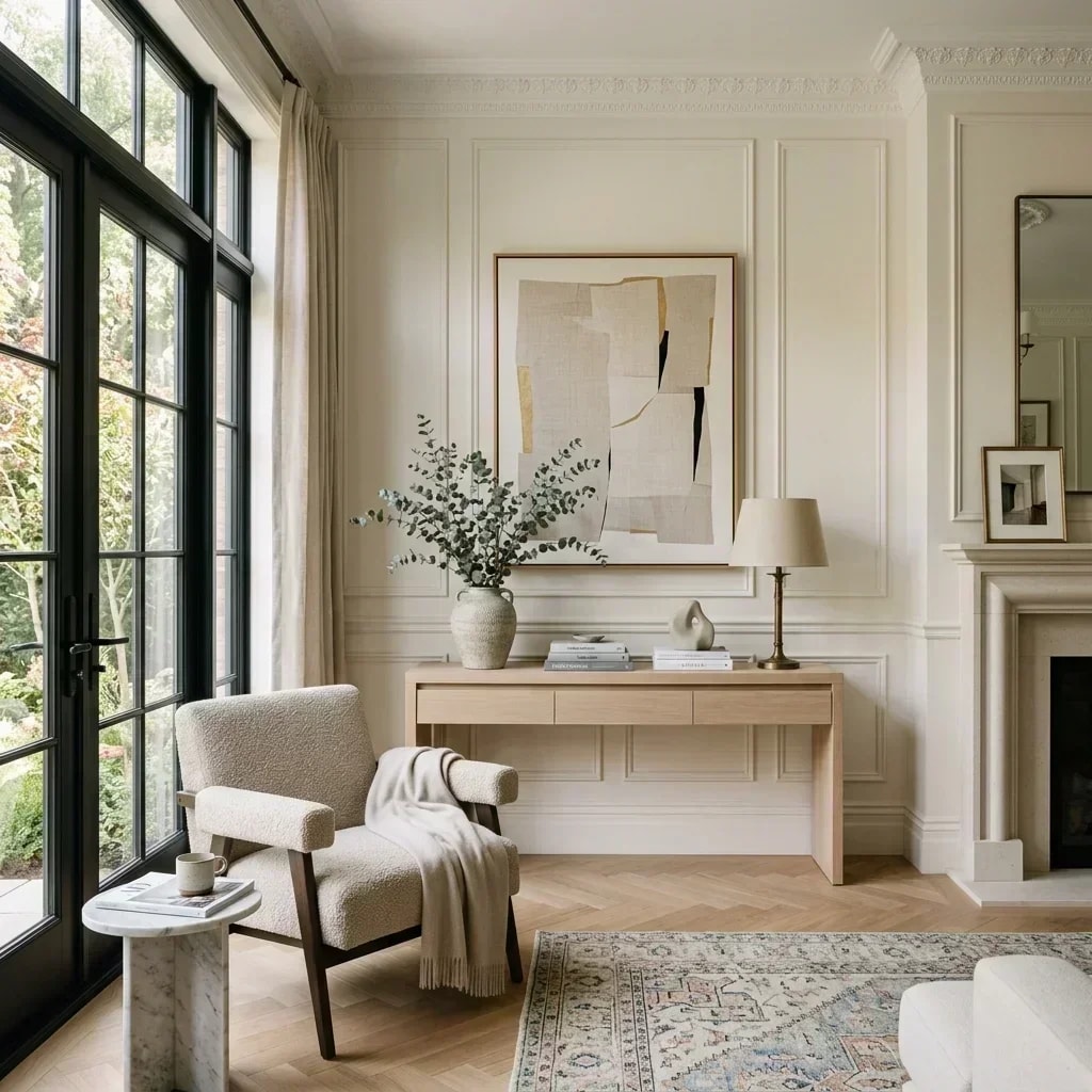 Elegant transitional living room featuring classic wall panel molding, warm light neutral furniture, and an oak console